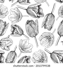 Imagen en blanco y negro de tulipanes. Flores dispuestas caóticamente. Patrón sin foco.