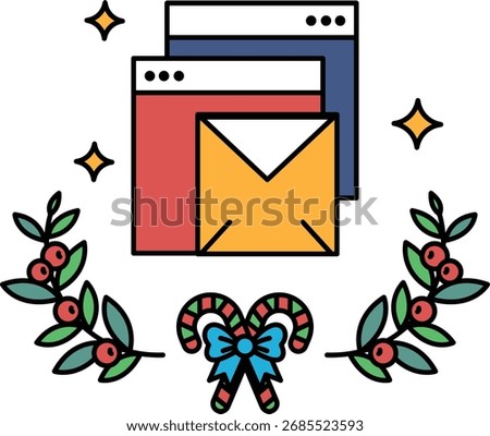A black and white image of two envelopes with a wreath of leaves in between. The envelopes are placed on top of each other, and the wreath is in the background. Concept of celebration and anticipation