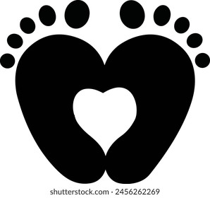 A black and white image of two feet with a heart in the middle. Concept of love and warmth