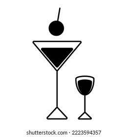Black and white image of two glasses for cocktails and alcoholic drinks. Sticker. Icon. Isolate