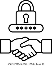 A black and white image of two hands shaking with a lock in the background. Concept of trust and security in a business deal