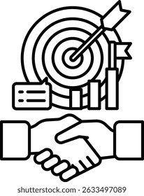 A black and white image of two hands shaking with a target in the background. Concept of collaboration and teamwork, as the two hands are coming together to achieve a common goal
