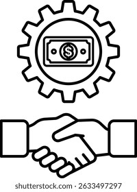 A black and white image of two hands shaking with a dollar sign in the middle. The dollar sign is surrounded by a gear, which represents the financial aspect of the deal