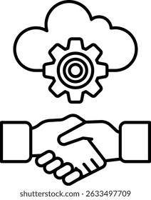 A black and white image of two hands shaking with a cloud in the background. Concept of trust and collaboration between the two individuals