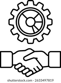 A black and white image of two hands shaking with a gear in the background. Concept of collaboration and teamwork