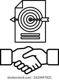 A black and white image of two hands shaking with a target in the background. Concept of a successful business deal or partnership