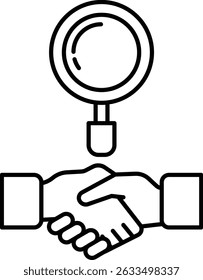 A black and white image of two hands shaking with a magnifying glass in the middle. Concept of trust and collaboration between two people