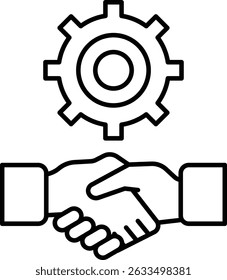 A black and white image of two hands shaking, with a gear in the background. Concept of collaboration and teamwork, as the two hands are working together to achieve a common goal