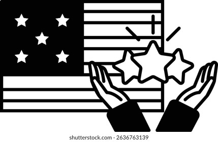 A black and white image of two hands holding up a flag with stars on it. The flag is the American flag and the stars are placed in the middle of the flag