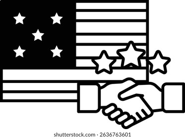 A black and white image of two hands shaking in front of the American flag. Concept of unity and cooperation between nations
