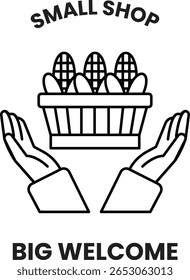 A black and white image of two hands holding a basket of corn. The image is titled "Small Shop" and is accompanied by the words "Big Wi-Fi Welcome"