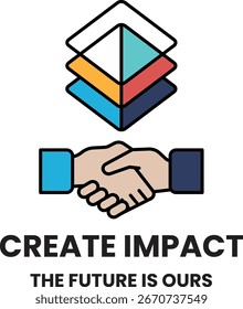A black and white image of two hands shaking with the words "Create Impact" written below. Concept of collaboration and partnership, suggesting that working together can lead to positive change