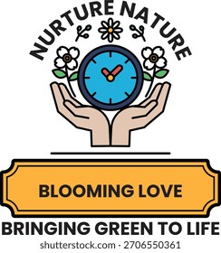 Uma imagem em preto e branco de duas mãos segurando um relógio com as palavras nutrindo a natureza florescendo amor escrito abaixo