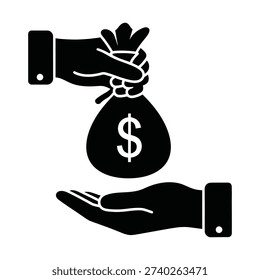 A black and white image of two hands, one holding a money bag with a dollar sign and the other underneath, symbolizing exchange or transfer of funds.