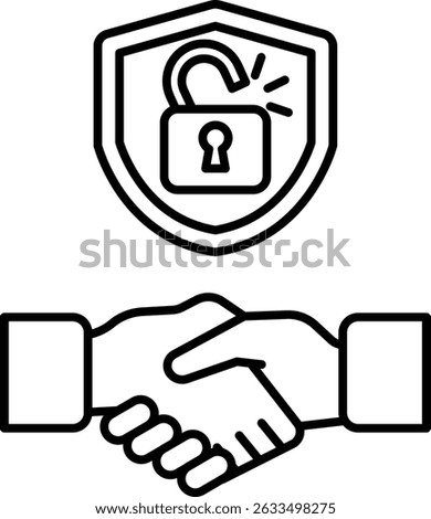 A black and white image of two hands shaking with a lock and key in the background. Concept of trust and security in a business deal