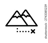 A black and white image of two mountains with a row of dots and an x
