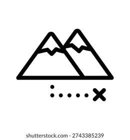 A black and white image of two mountains with a row of dots and an x
