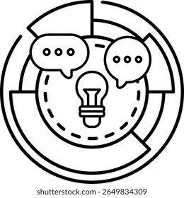 A black and white image of two people talking with a light bulb in the middle. The light bulb is a symbol of an idea or a thought. Concept of communication and the importance of sharing ideas