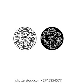 A black and white image of two sushi plates isolated on white background, Vector, illustration