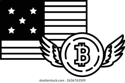 A black and white image of a United States flag with a coin and the letter B on it