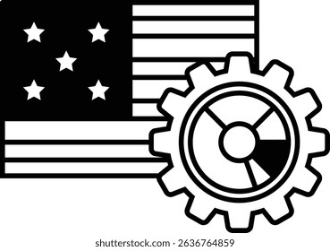 A black and white image of a United States flag with a gear on it. The flag is surrounded by stars and the gear is in the center of the image. Concept of progress and innovation