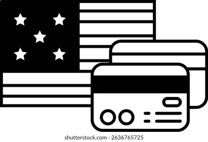 A black and white image of a United States flag with five stars and a white card with a dollar sign on it
