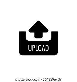 A black and white image of an upload icon. The icon is a square with rounded corners and an arrow pointing up from the middle. UPLOAD is displayed in the square.