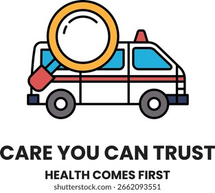 Ein schwarz-weißes Bild eines Kleintransporters mit einer Lupe darauf. Der Lieferwagen trägt die Bezeichnung "Care You Can Trust" und die Worte "Health Comes First" stehen darunter