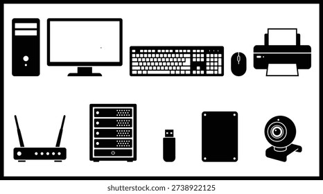 a black and white image of various computer and office equipment icons, including a desktop computer, keyboard, mouse, printer, scanner, computer tower, server, router, usb flash drive, external hard drive, and cd