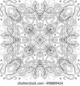 Black and white image of various floral elements symmetrically arranged. Adult coloring page