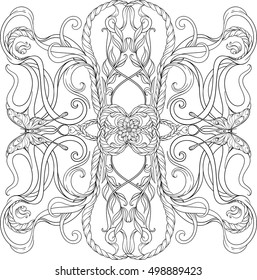 Black and white image of various floral elements and butterflies symmetrically arranged. Adult coloring page