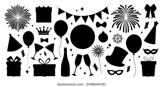 A black and white image of various party decorations including balloons, hats, and a cake. Scene is celebratory and festive