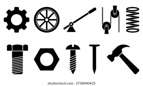 a black and white image of various tools and hardware including a gear, wheel, pliers, spring, screw, nut, bolt, nail, and hammer