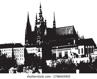 
black and white image of the vector church of St. Vitus and Prague Castle in the Czech Republic