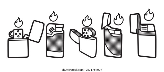 black and white image, vector, collection of five lighters