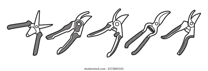 black and white image, vector, five plant shears