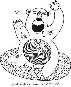 Black and white image, vector graphics, depicts a happy bear, the illustration can be complemented with color. Its size depends on your wishes. Isolated on white background. Lines. Linear graphics. 