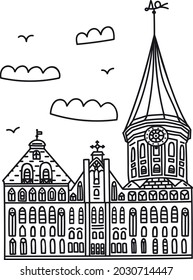 Black and white image, vector graphics, depicts the Königsberg Cathedral, the illustration can be supplemented with color. The image can be used on any medium: book, clothing, dishes, fabric. 