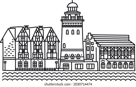 Black and white image, vector graphics, depicting a lighthouse in Kaliningrad, the illustration can be supplemented with color. Its size depends on your wishes. Isolated on white background.