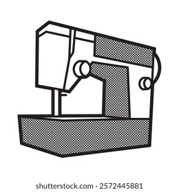 black and white image, vector portable sewing machine box, tilted to the left