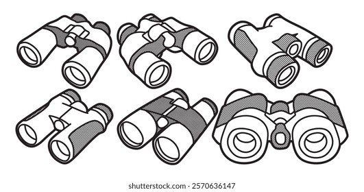 black and white image vector, set of six long range binoculars