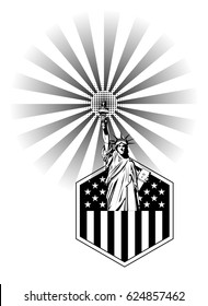 Black and white image of a vector statue of freedom with rays diverging from a torch against the backdrop of a hexagon with stripes and stars that symbolize the flag of the United States of America