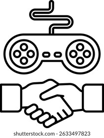 A black and white image of a video game controller with a handshake symbol in the background. Concept of collaboration and teamwork, as the controller