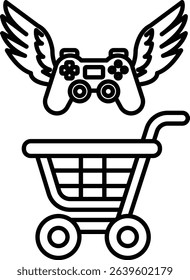 A black and white image of a video game controller and a shopping cart. The controller is flying above the shopping cart, giving the impression of a futuristic shopping experience