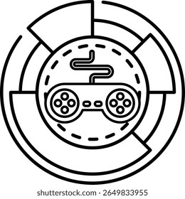 A black and white image of a video game controller with a white background. The controller is surrounded by a circle with a white line. The controller is the main focus of the image