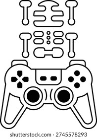 A black and white image of a video game controller with a skull on top of it. The skull is surrounded by bones and the controller is shown in a close up. Concept of death and destruction