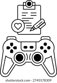 A black and white image of a video game controller with a piece of paper on top of it. The paper has a heart drawn on it and a pen