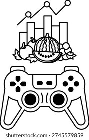 A black and white image of a video game controller with a fruit and vegetable graphic on it. The controller is designed to look like a pair of binoculars, and the fruit