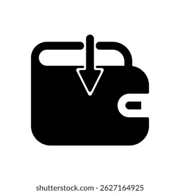 A black and white image of a wallet with a downward arrow pointing to the right. The wallet is open