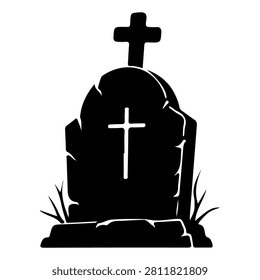 A black and white image of a weathered tombstone with a cross on top, surrounded by grass, symbolizing remembrance and history.